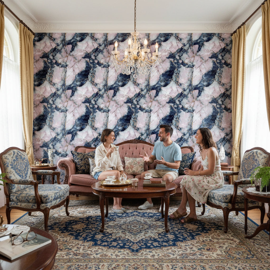 Navy Blue and Blush Pink Marble Wallpaper