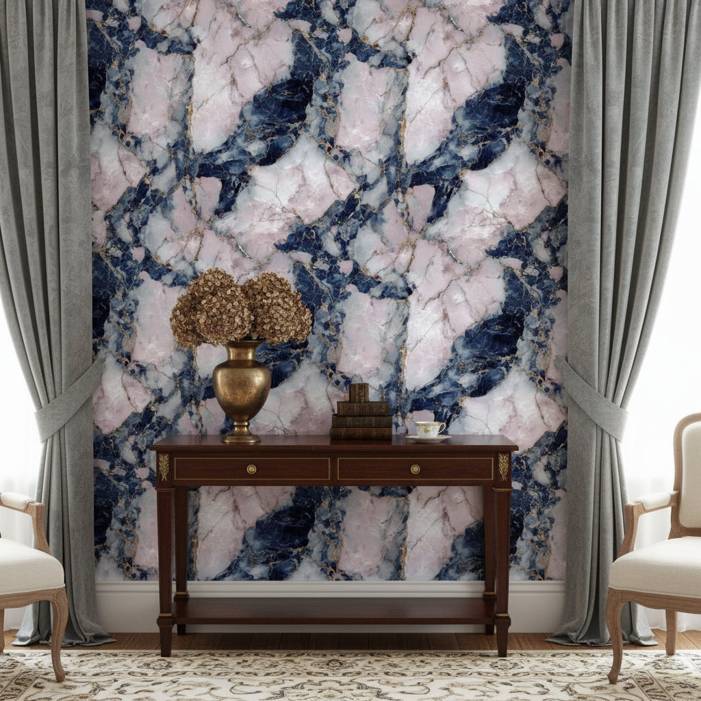 Navy Blue and Blush Pink Marble Wallpaper