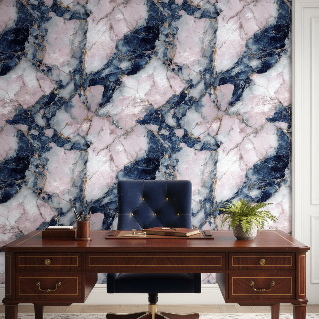 Navy Blue and Blush Pink Marble Wallpaper