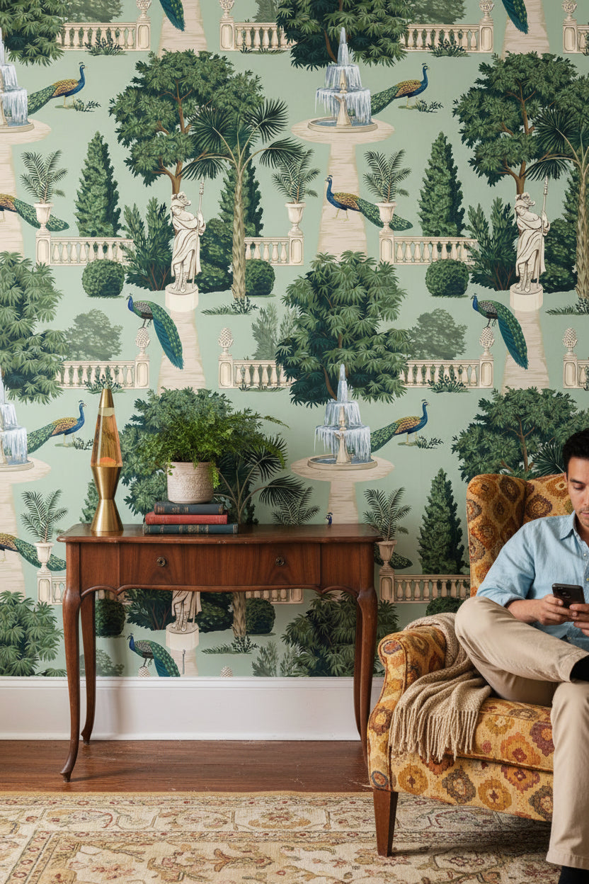 Mint Green Art Deco Garden Landscape Wallpaper