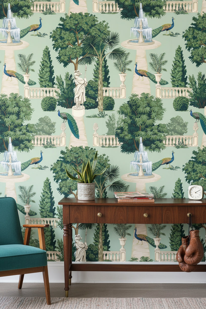 Mint Green Art Deco Garden Landscape Wallpaper