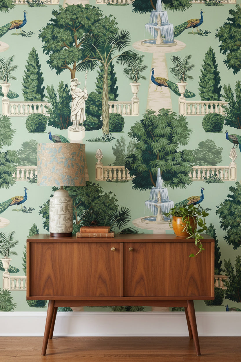 Mint Green Art Deco Garden Landscape Wallpaper