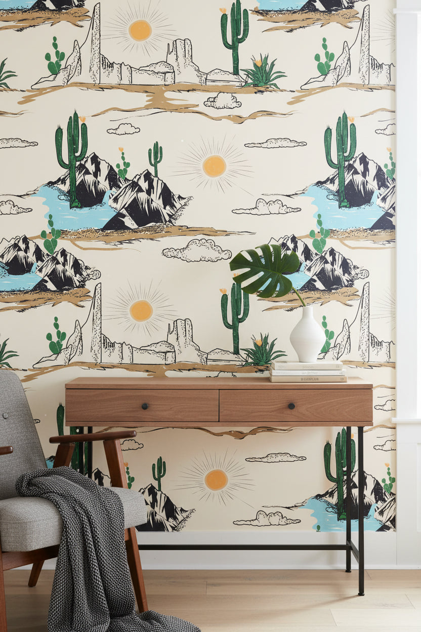 Cream Southwestern Desert Landscape Wallpaper