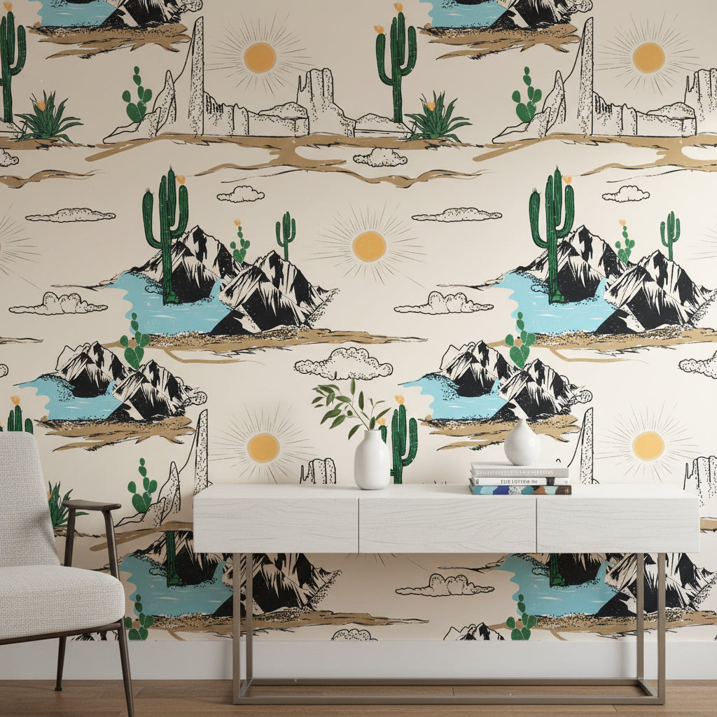 Cream Southwestern Desert Landscape Wallpaper