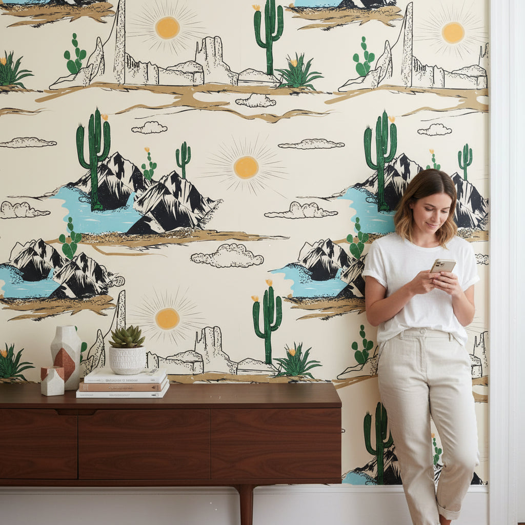 Cream Southwestern Desert Landscape Wallpaper