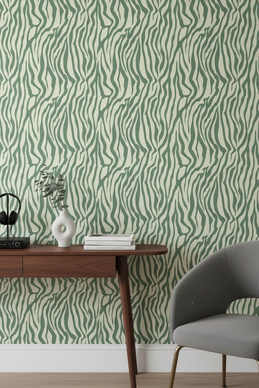 Sage Green Abstract Zebra Stripe Wallpaper
