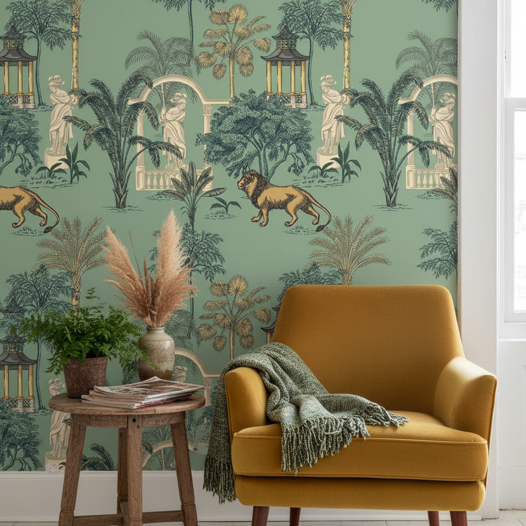 Aqua Green Botanical Lion Wallpaper