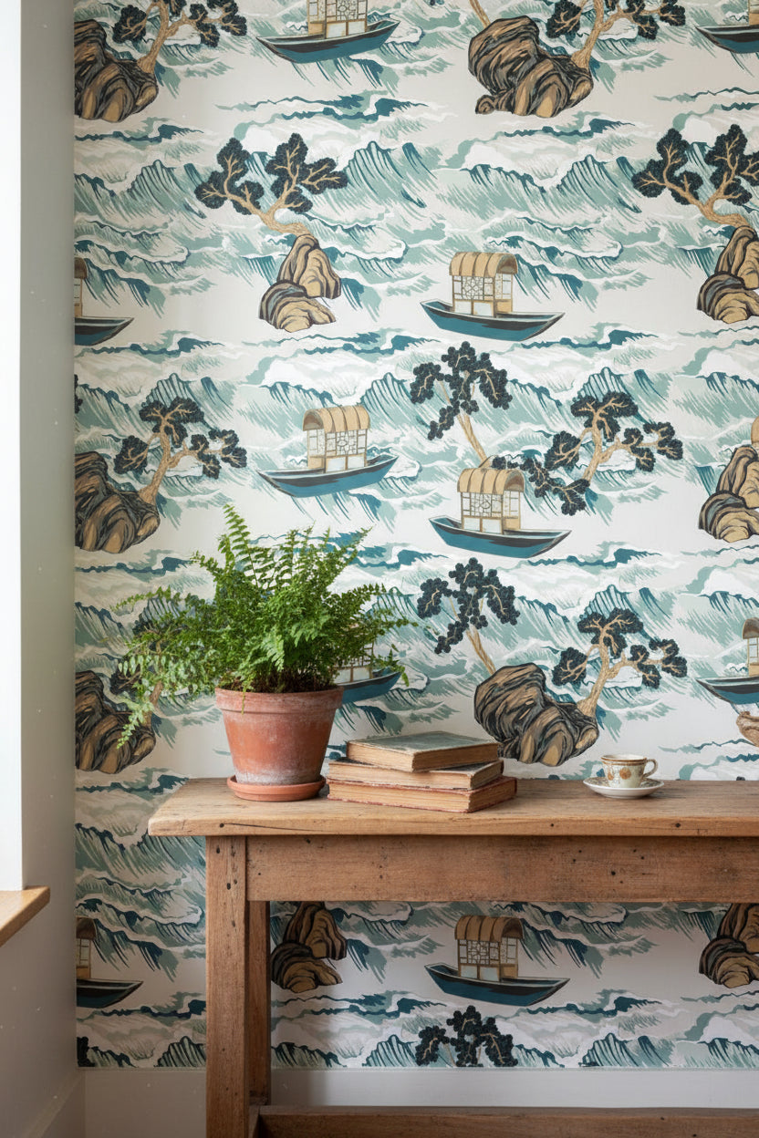 Cream Teal Japanese Landscape Art Wallpaper