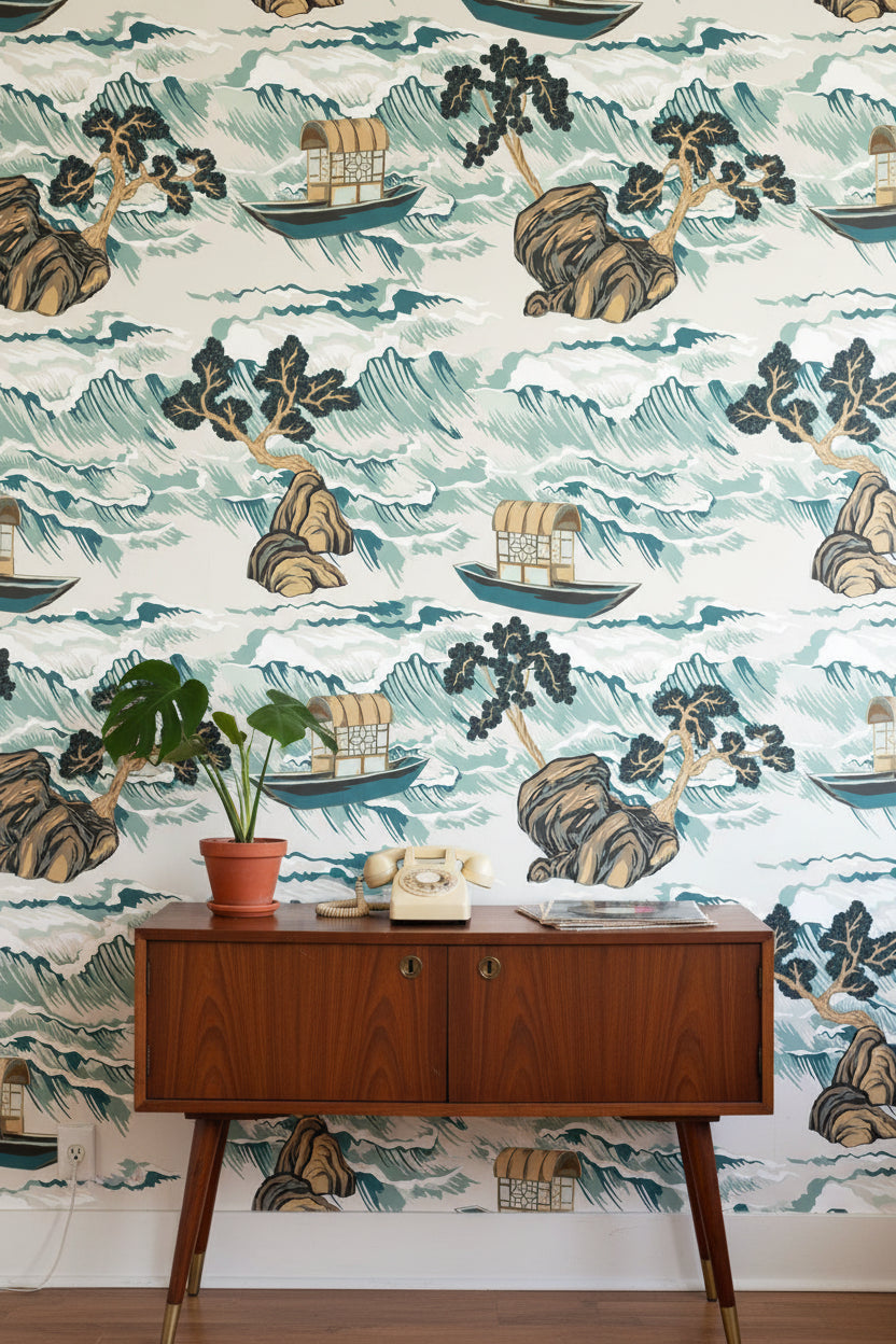 Cream Teal Japanese Landscape Art Wallpaper