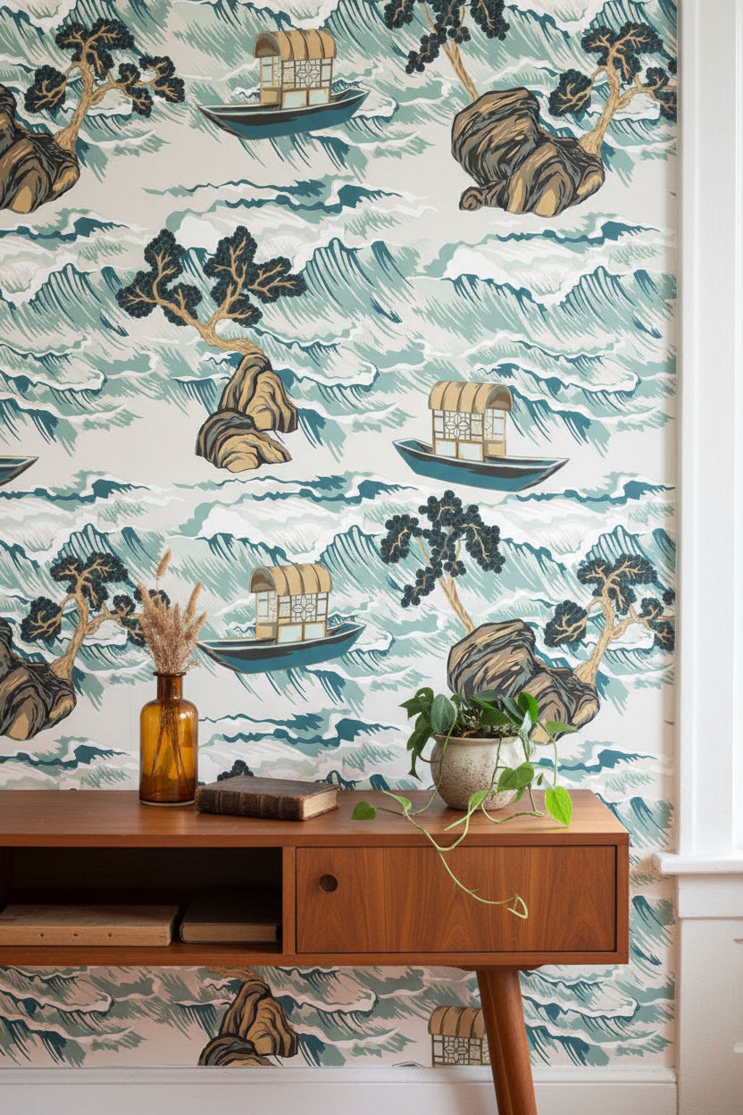 Cream Teal Japanese Landscape Art Wallpaper