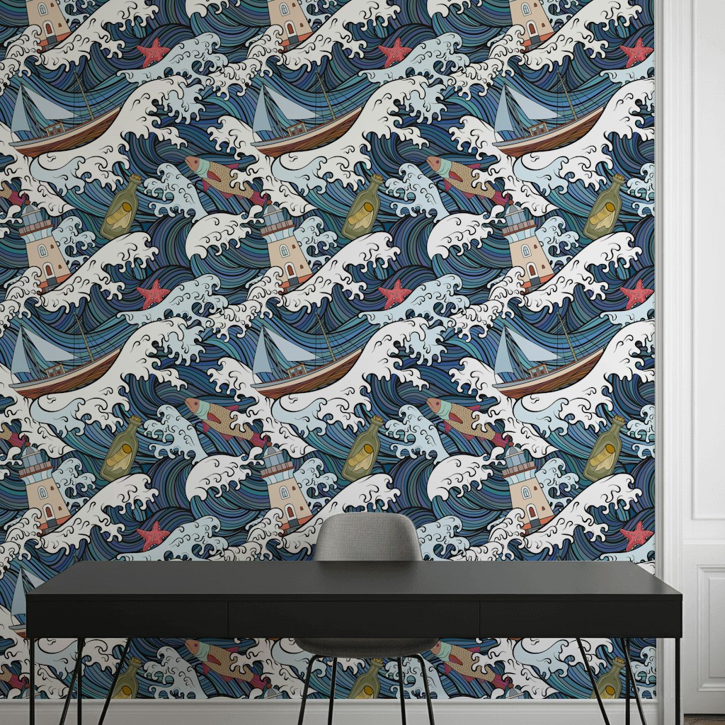 Nautical Waves and Boats Pattern Wallpaper
