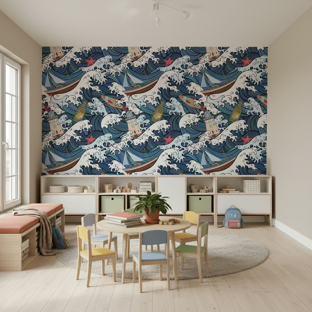 Nautical Waves and Boats Pattern Wallpaper