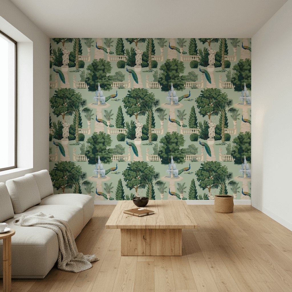 Mint Green Art Deco Garden Landscape Wallpaper