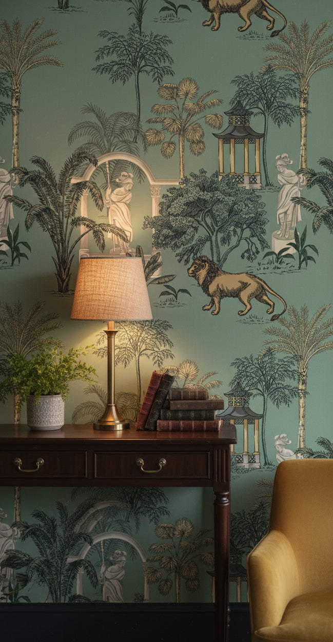 Aqua Green Botanical Lion Wallpaper