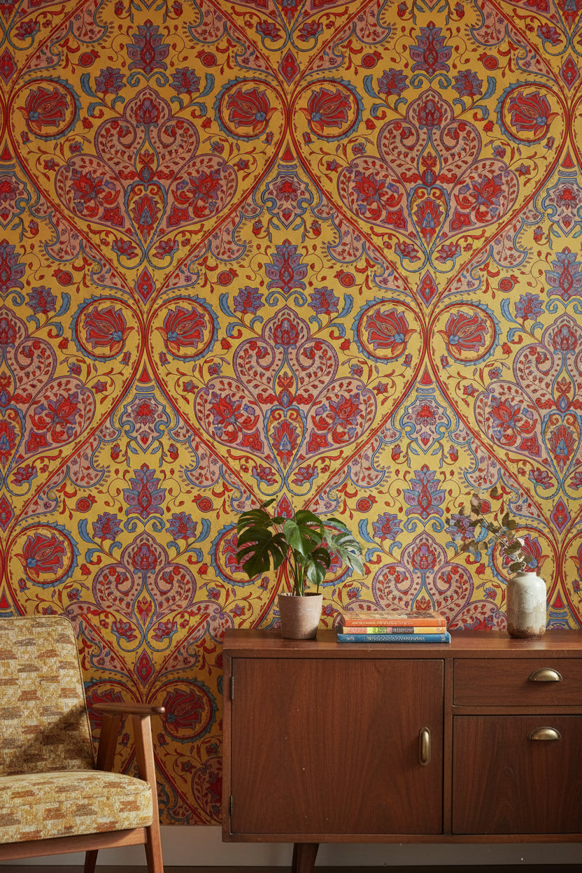 Vibrant Yellow and Red Damask Pattern Wallpaper