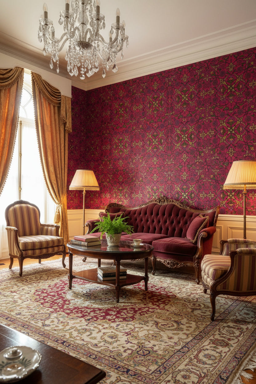 Rich Burgundy Art Deco Floral Wallpaper