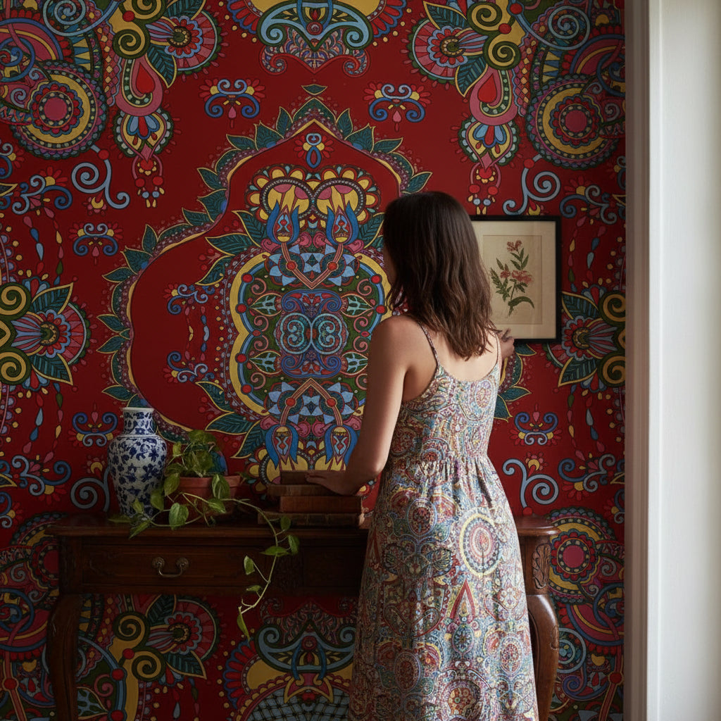 Vibrant Red Bohemian Art Pattern Wallpaper
