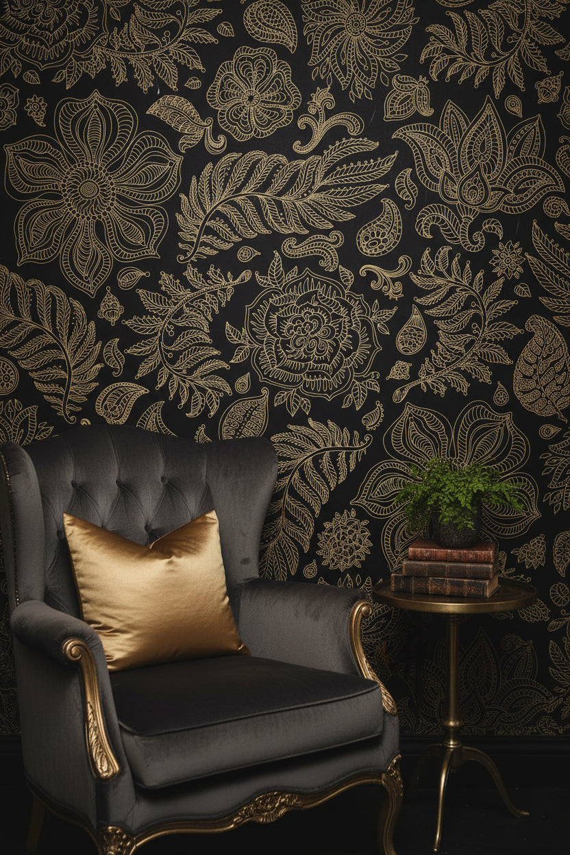 Luxurious Gold Look on Black Floral Pattern Wallpaper