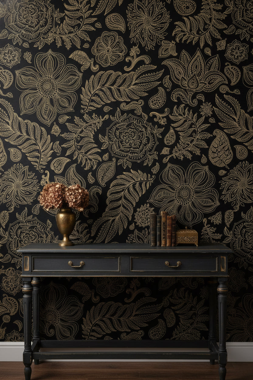 Luxurious Gold Look on Black Floral Pattern Wallpaper