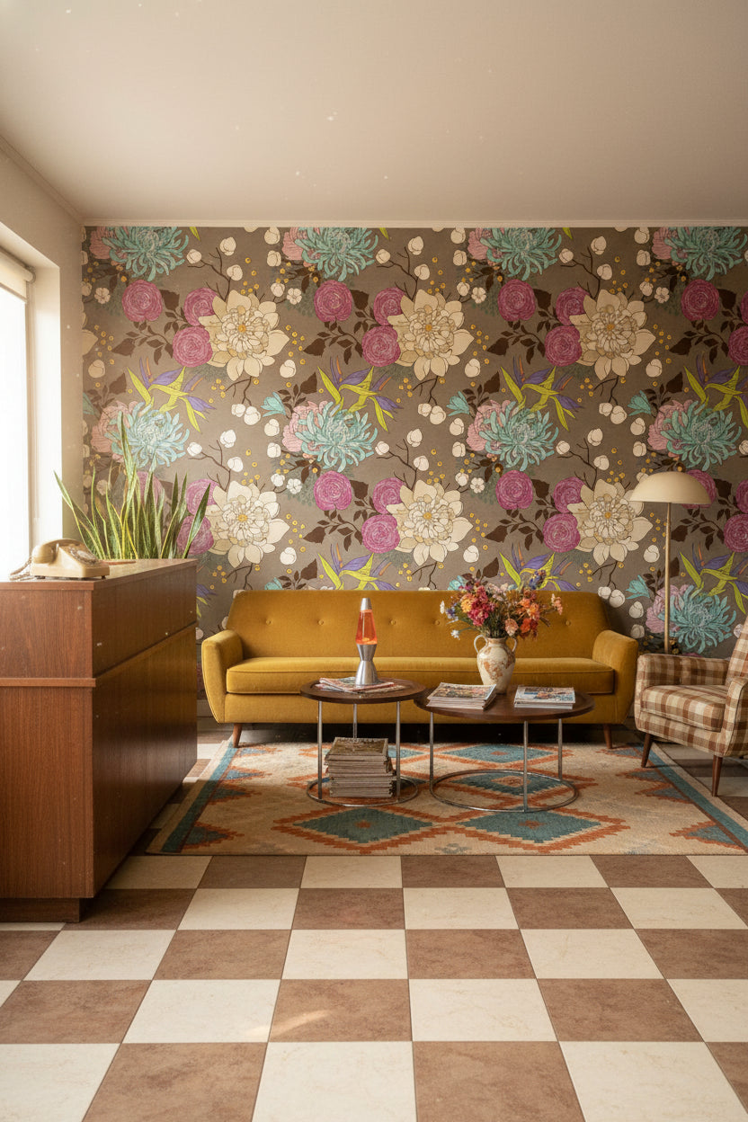 Vintage Taupe Floral Pattern Wallpaper