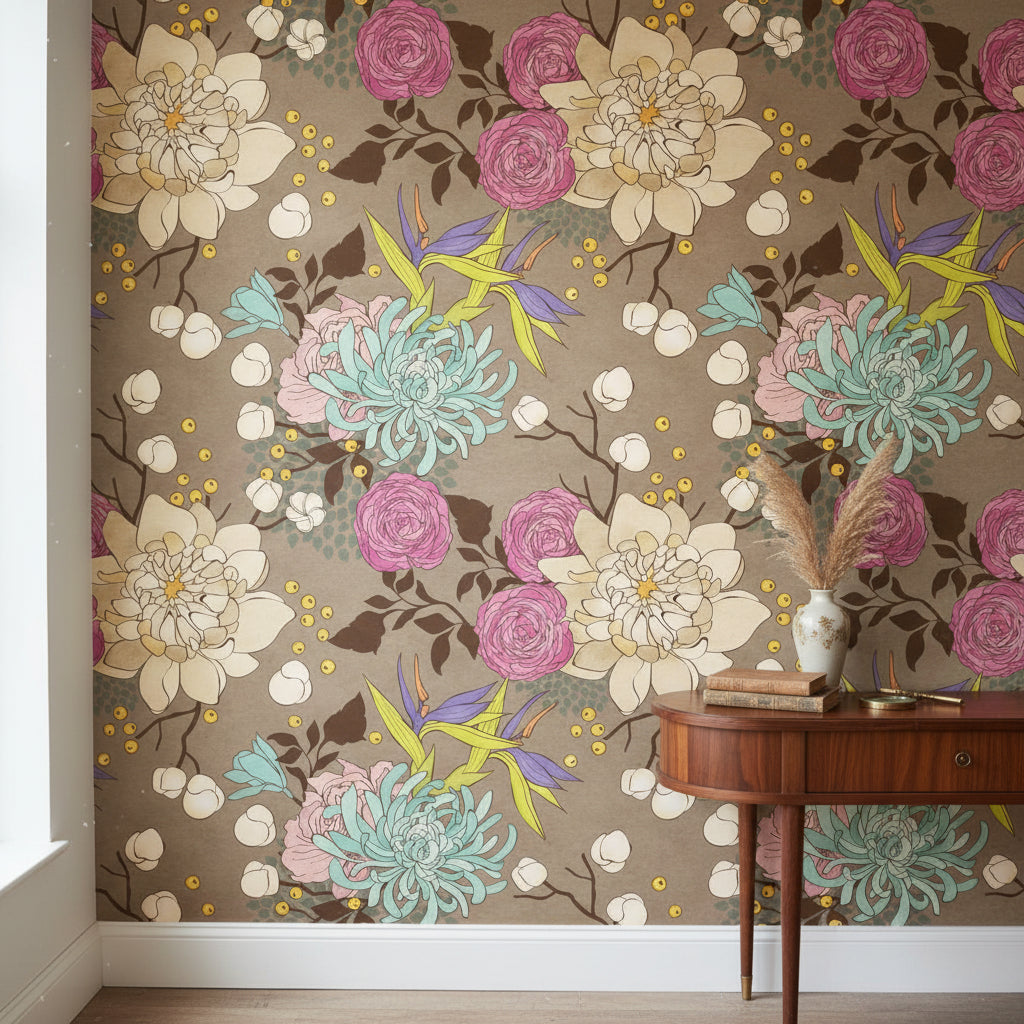 Vintage Taupe Floral Pattern Wallpaper