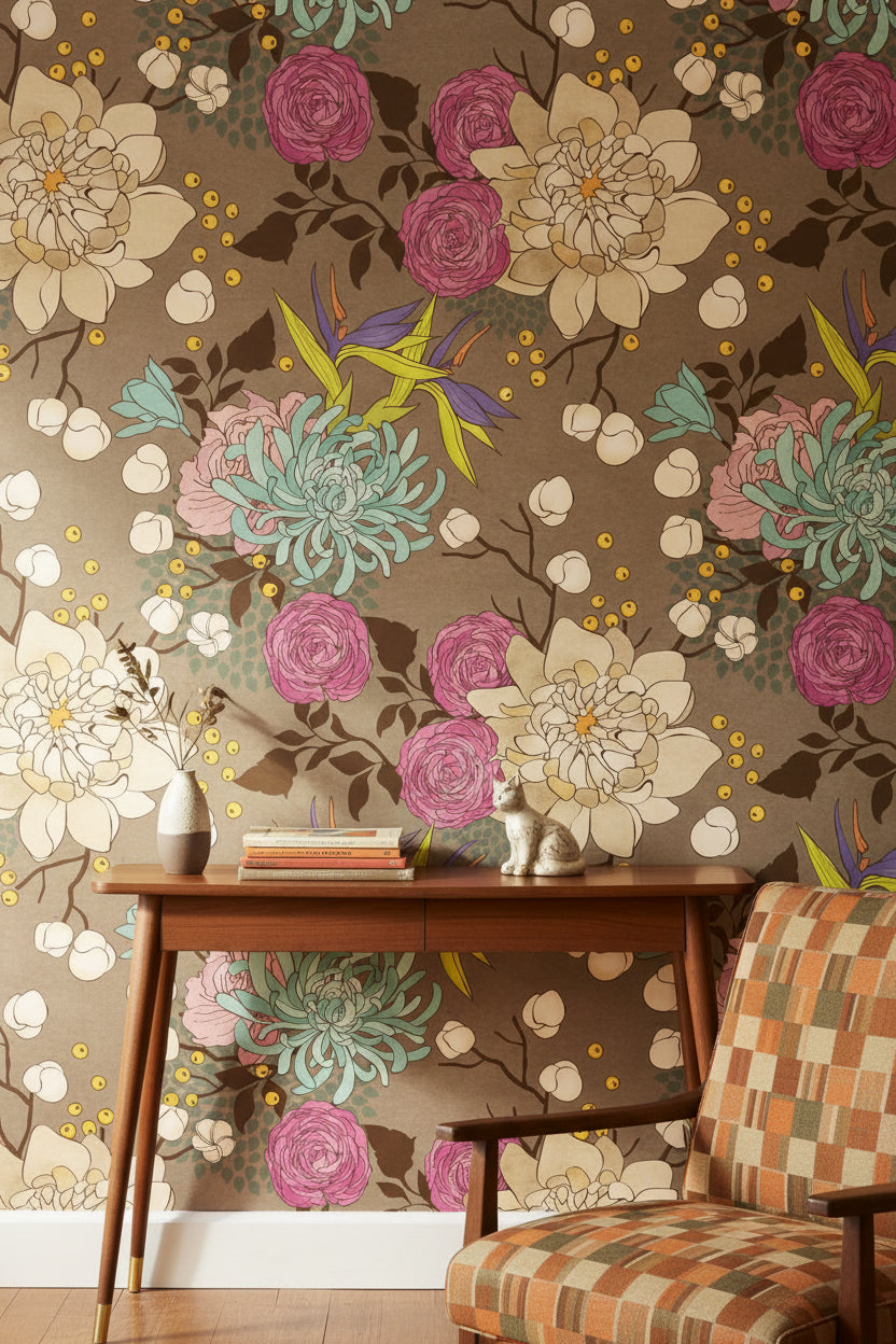 Vintage Taupe Floral Pattern Wallpaper