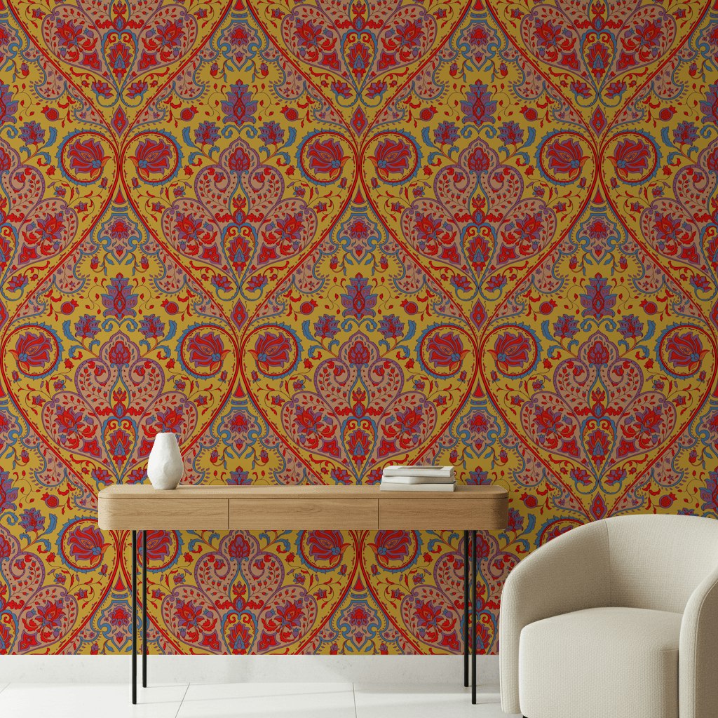 Vibrant Yellow and Red Damask Pattern Wallpaper