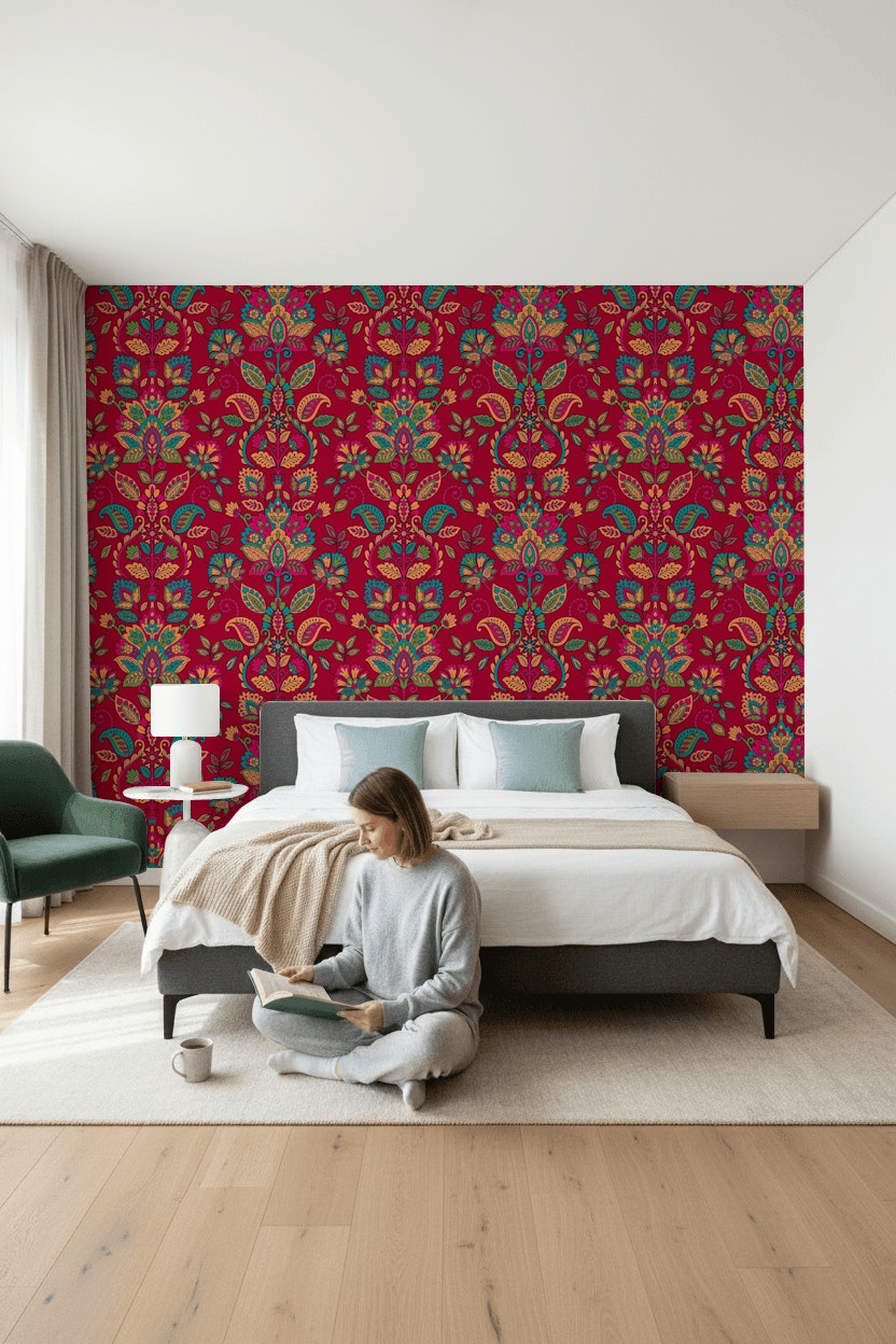 Rich Burgundy Damask Floral Wallpaper