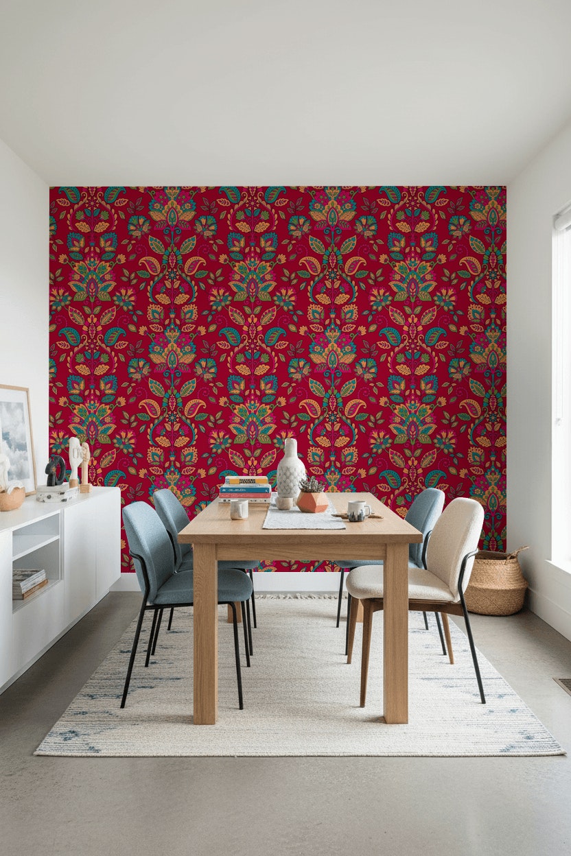 Rich Burgundy Damask Floral Wallpaper
