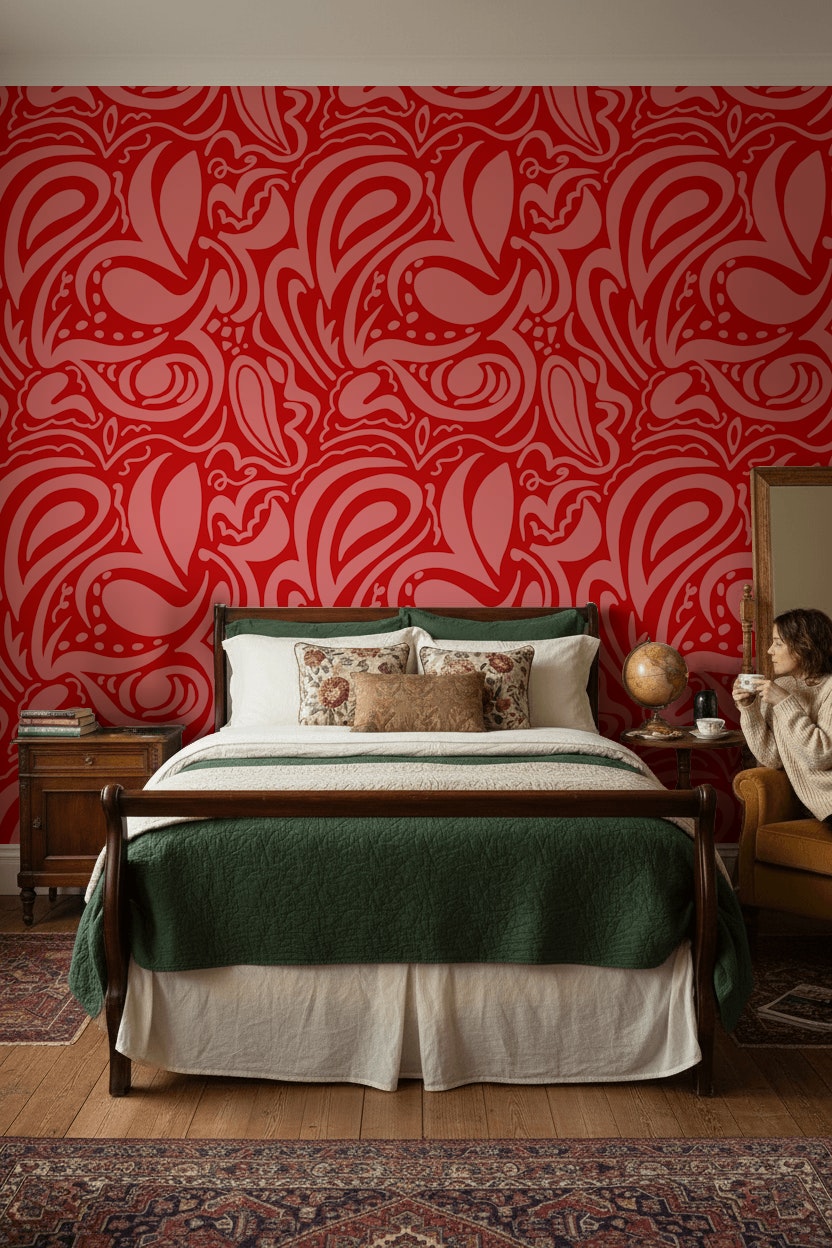 Vibrant Red Abstract Swirl Pattern Wallpaper