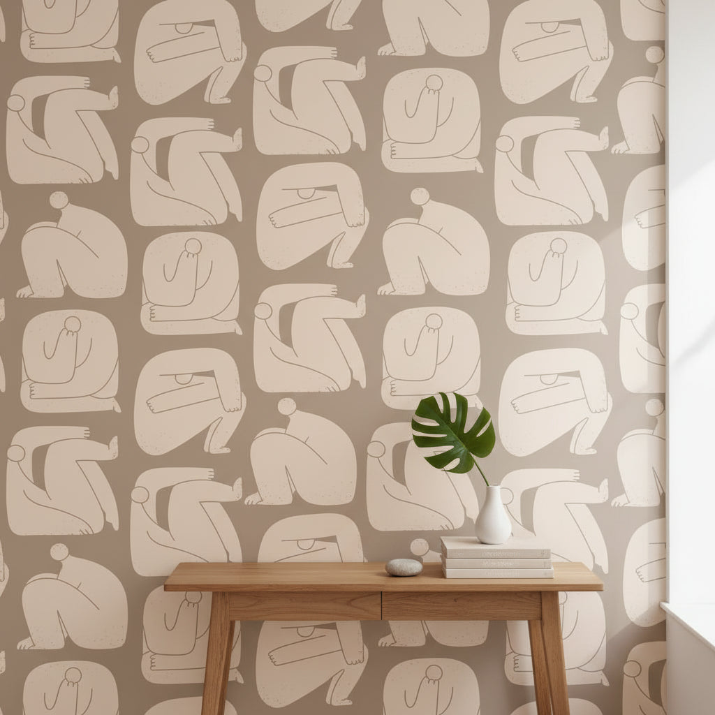 Neutral Beige Abstract Line Art Wallpaper