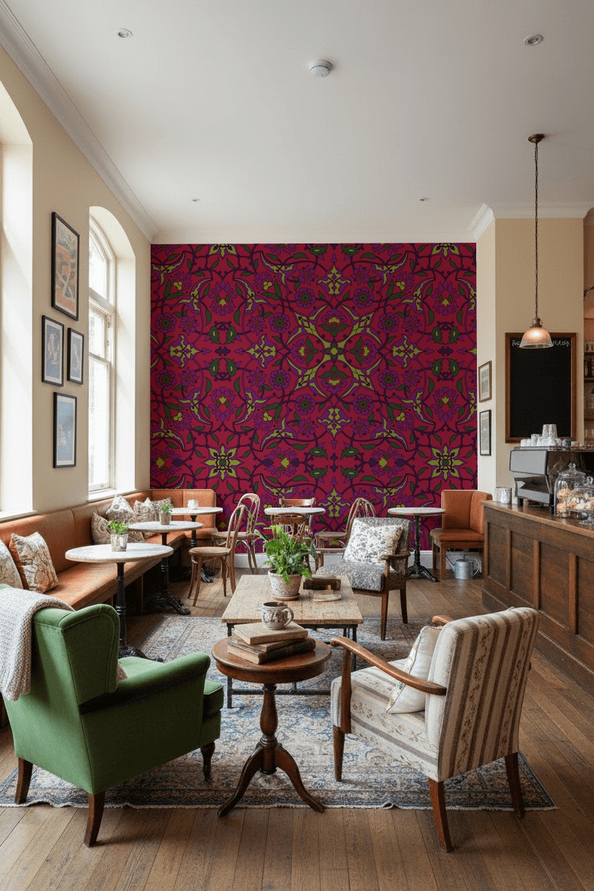 Rich Burgundy Art Deco Floral Wallpaper