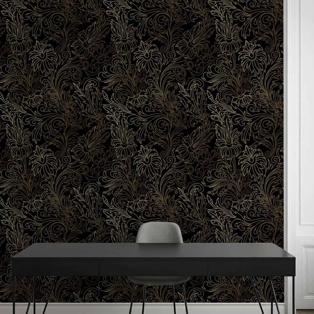 Gilded Gold Look Floral Pattern on Black Wallpaper