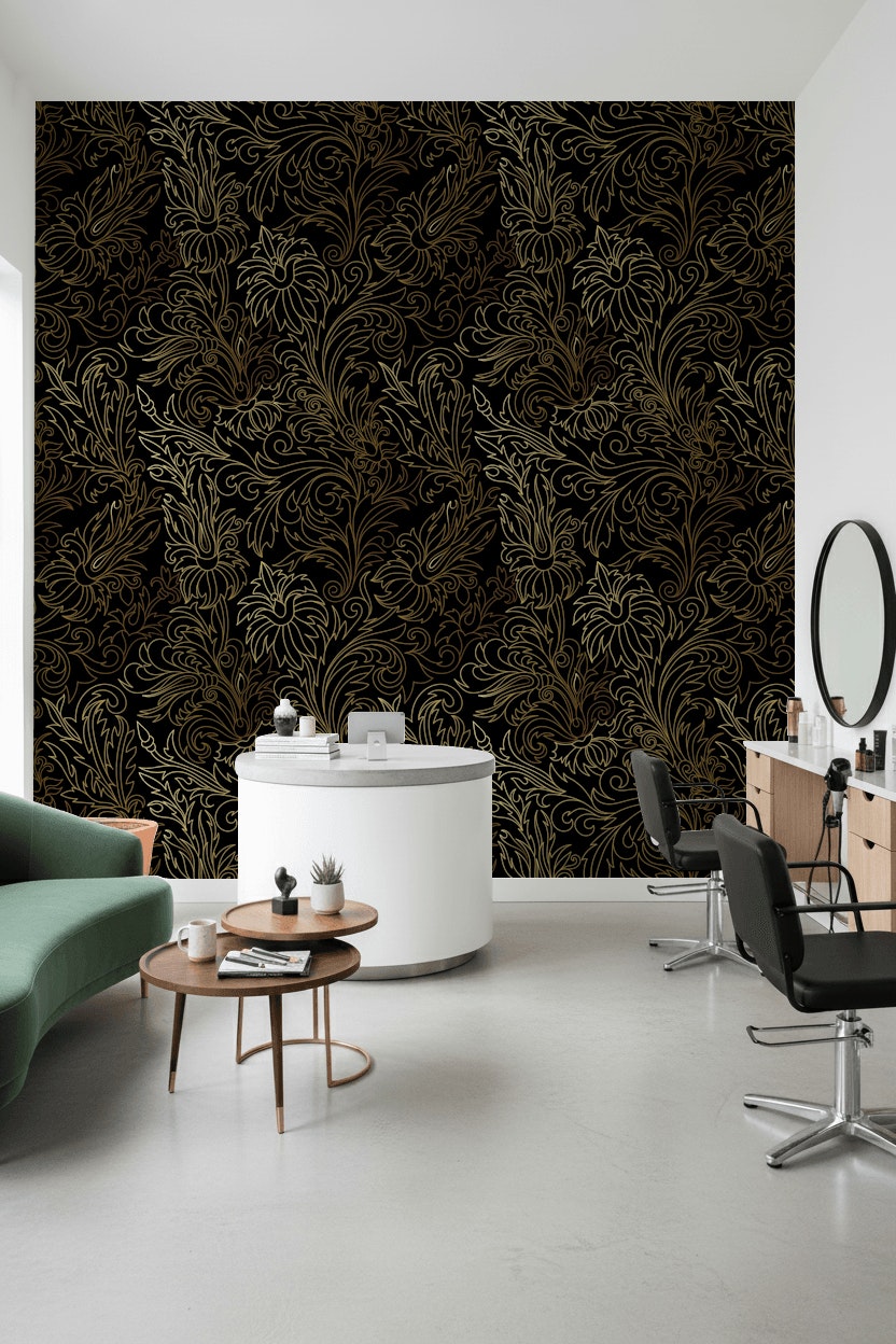 Gilded Gold Look Floral Pattern on Black Wallpaper