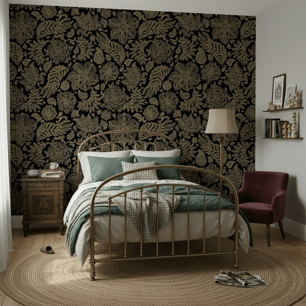 Luxurious Gold Look on Black Floral Pattern Wallpaper