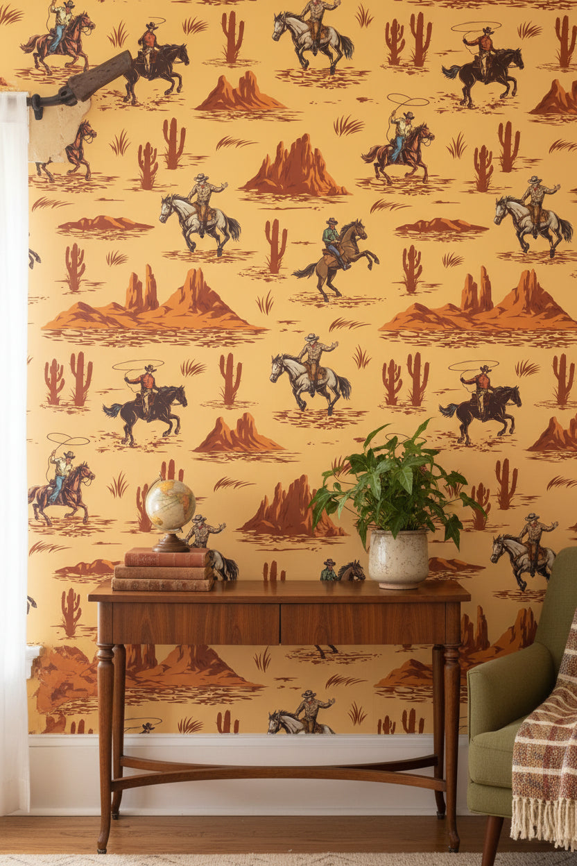 Vintage Beige Cowboy Western Scene Wallpaper