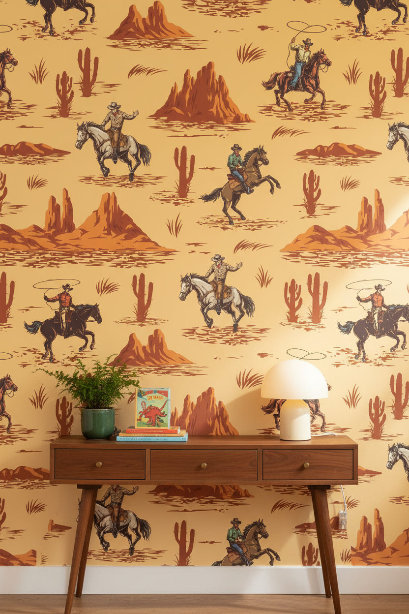 Vintage Beige Cowboy Western Scene Wallpaper