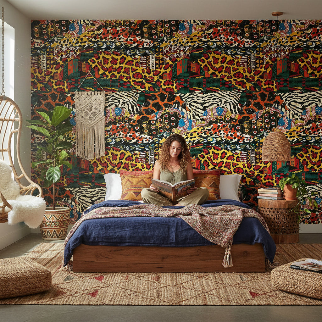 Vibrant Multicolor Bohemian Animal Print Wallpaper