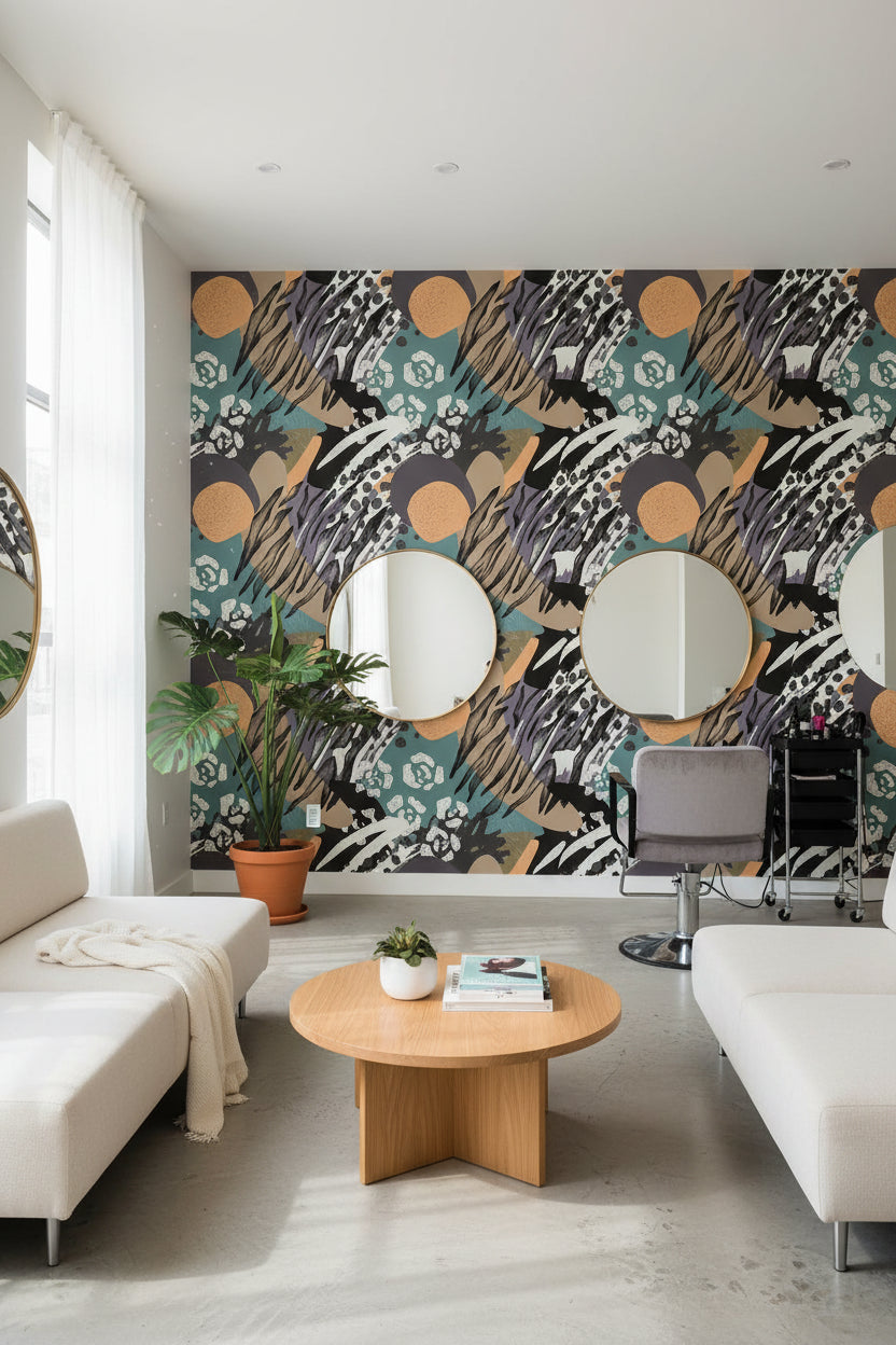 Bold Black and Teal Abstract Pattern Wallpaper