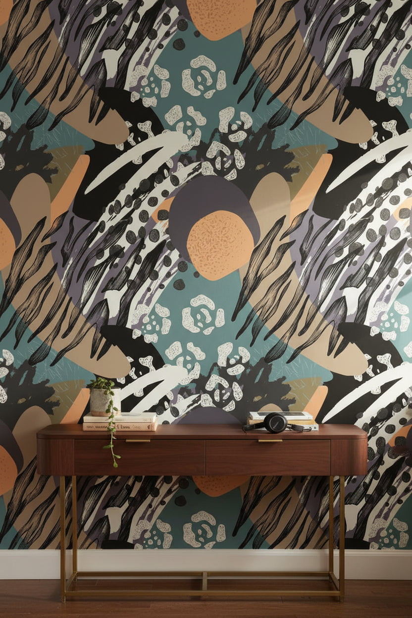 Bold Black and Teal Abstract Pattern Wallpaper