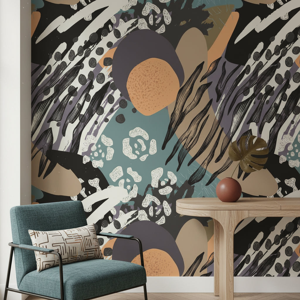 Bold Black and Teal Abstract Pattern Wallpaper