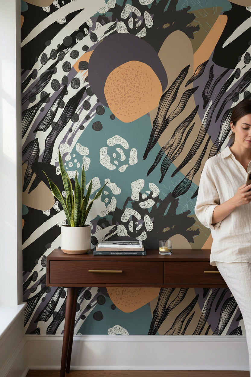 Bold Black and Teal Abstract Pattern Wallpaper