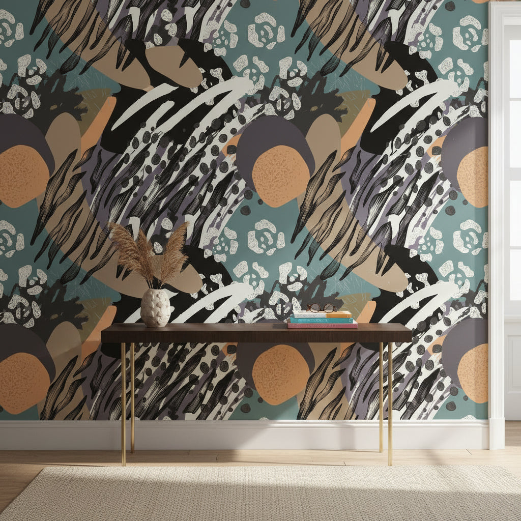 Bold Black and Teal Abstract Pattern Wallpaper