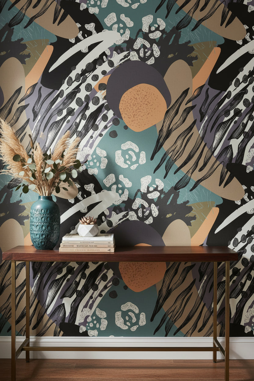 Bold Black and Teal Abstract Pattern Wallpaper