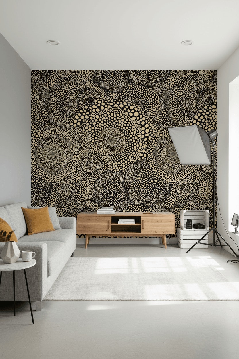Cream and Black Abstract Dotted Pattern Wallpaper