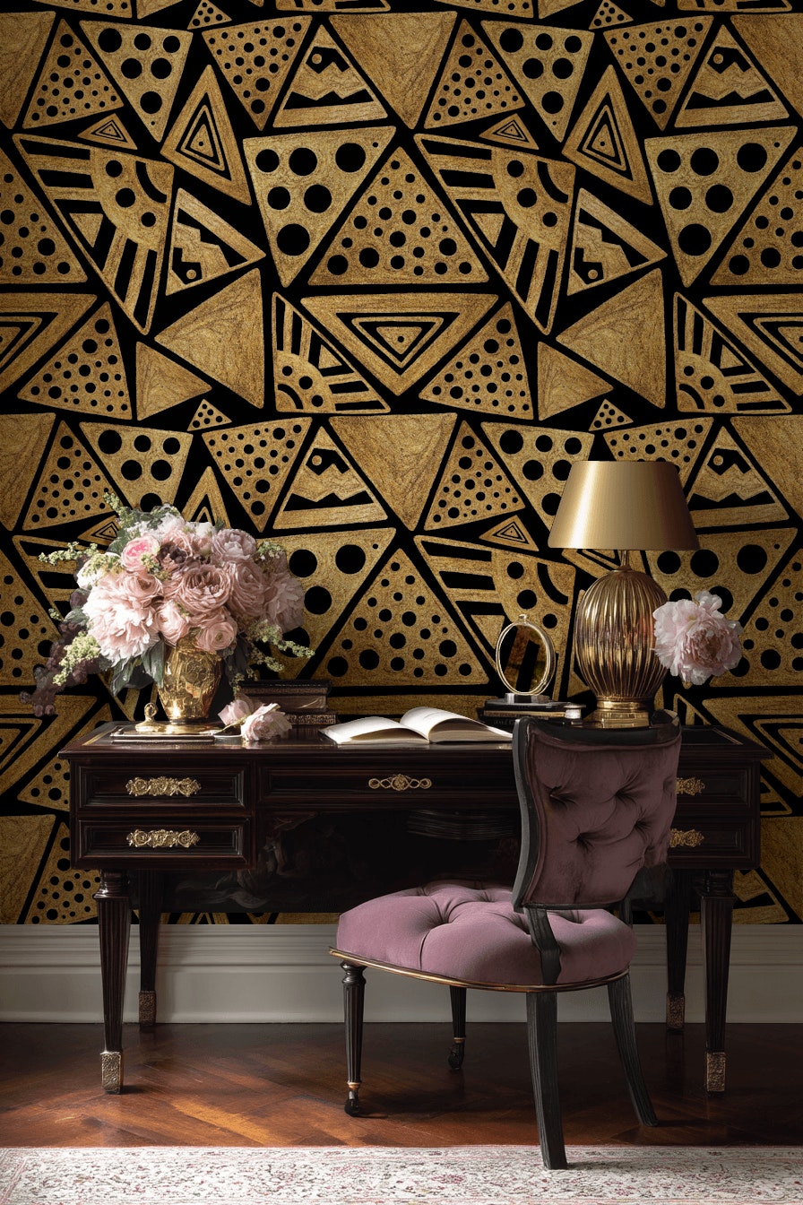 Gilded Black and Gold Look Geometric Art Deco Wallpaper