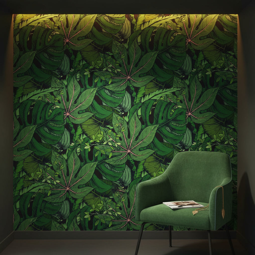 Deep Green Tropical Leaves Botanical Wallpaper