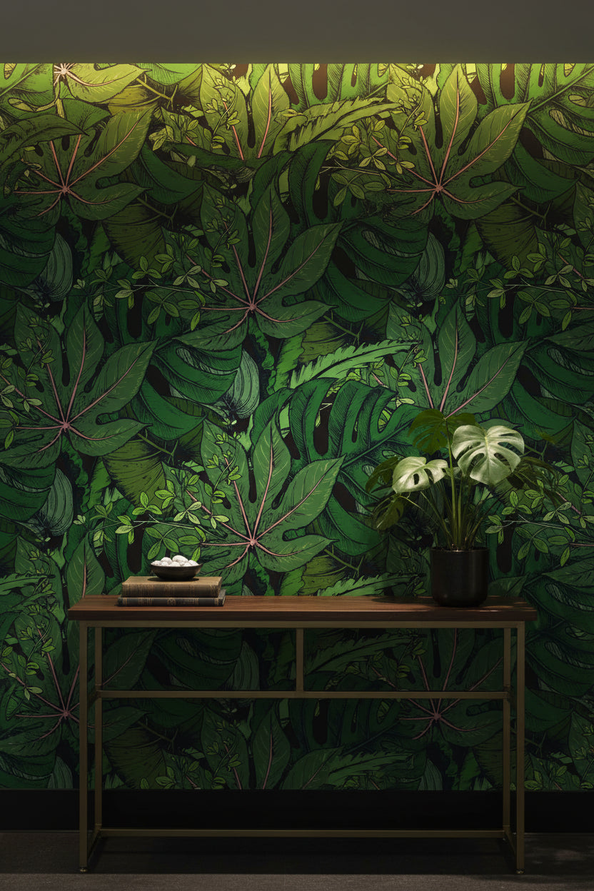 Deep Green Tropical Leaves Botanical Wallpaper
