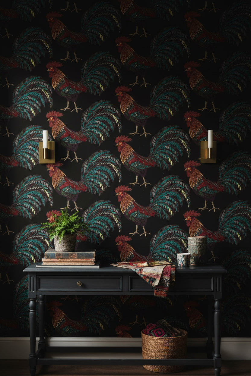 Bold Multicolor Rooster Illustrations Wallpaper