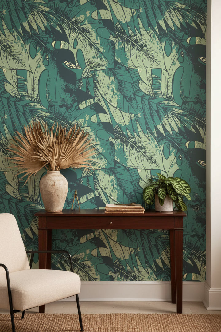 Teal Monstera Leaf Botanical Wallpaper